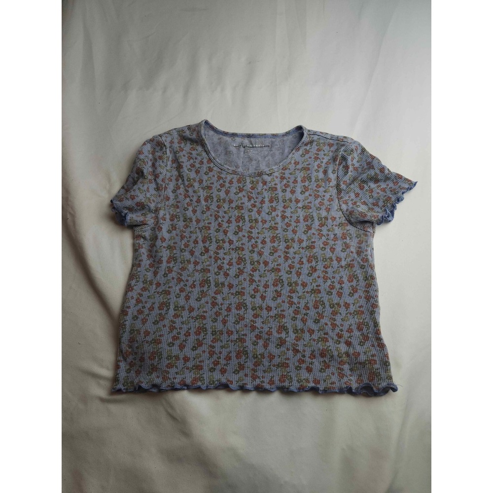 American Eagle Blue Floral Waffle Knit Lettuce Edge Top Womens Medium